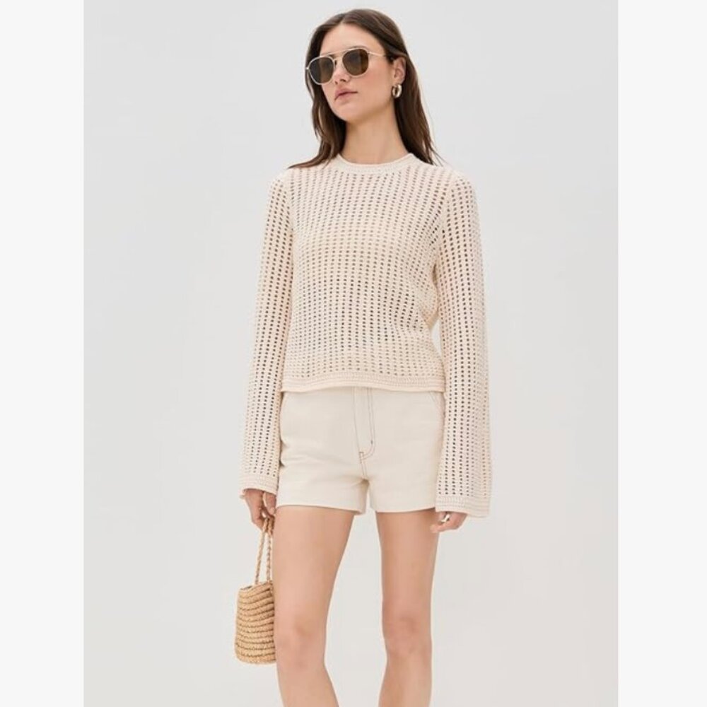Magaschoni Crochet Bell Sweater Women's L Crew Neck Pullover in Alabaster NWT
